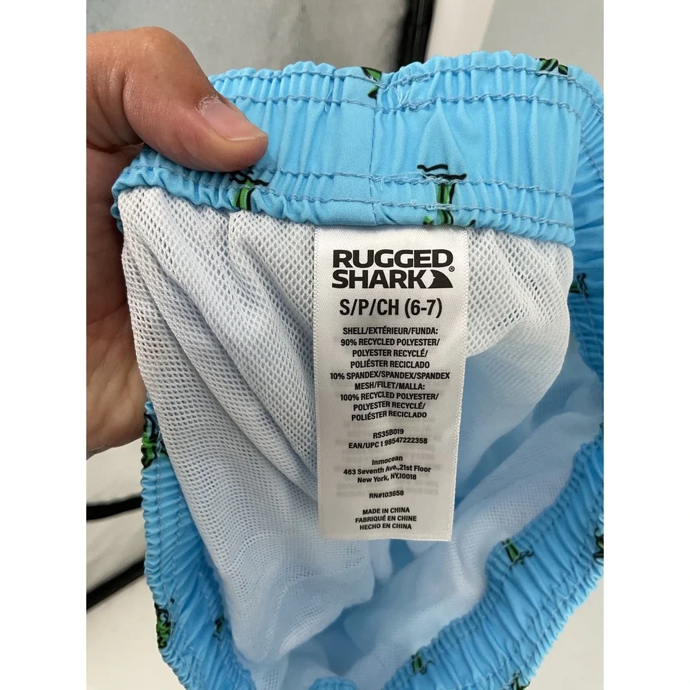 Rugged Shark Boys Swim Shorts Blue Palm Tree UPF 50+ Recycled S 6-7
